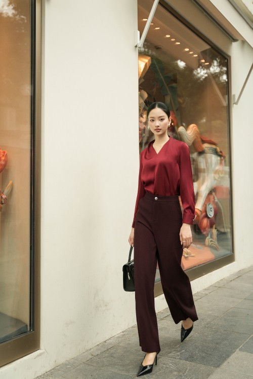 Sixdo Dark Red Silk Blouse